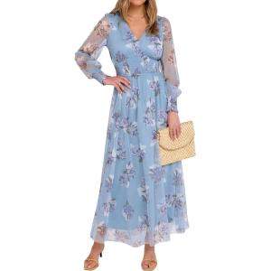ANRABESS Women’s Floral Maxi Dress 2025 Fall V Neck Puff Long Sleeve Flowy Casual Wedding Guest Tee Party Tulle Dresses(Light Blue Floral)