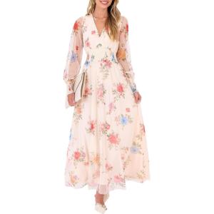 ANRABESS Women’s Floral Maxi Dress 2025 Fall V Neck Puff Long Sleeve Flowy Casual Wedding Guest Tee Party Tulle Dresses(Multicolored Rose Apricot)