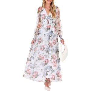 ANRABESS Women’s Floral Maxi Dress 2025 Fall V Neck Puff Long Sleeve Flowy Casual Wedding Guest Tee Party Tulle Dresses(Pink Peony White)