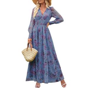 ANRABESS Women’s Floral Maxi Dress 2025 Fall V Neck Puff Long Sleeve Flowy Casual Wedding Guest Tee Party Tulle Dresses(Purple Floral Blue)