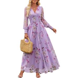 ANRABESS Women’s Floral Maxi Dress 2025 Fall V Neck Puff Long Sleeve Flowy Casual Wedding Guest Tee Party Tulle Dresses(Purple Rose)
