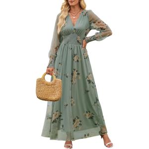 ANRABESS Women’s Floral Maxi Dress 2025 Fall V Neck Puff Long Sleeve Flowy Casual Wedding Guest Tee Party Tulle Dresses(Yellow Floral Green)