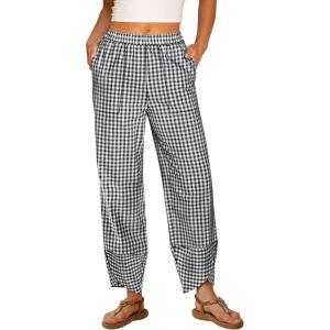ANRABESS Womens Gingham Striped Palazzo Pants Wide Leg Pajama Lounge Crop Pants Plaid PJ Bottoms Cute Trousers with Pockets(Black White Plaid)
