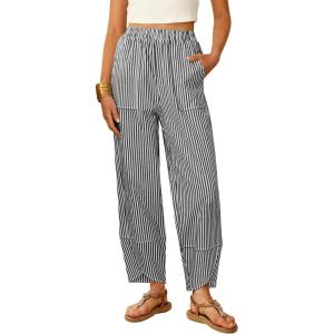 ANRABESS Womens Gingham Striped Palazzo Pants Wide Leg Pajama Lounge Crop Pants Plaid PJ Bottoms Cute Trousers with Pockets(Black White Stripe)