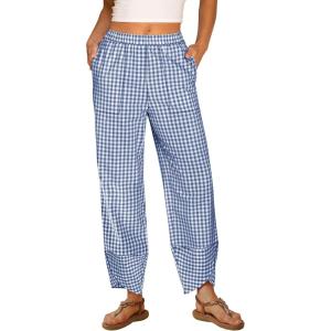 ANRABESS Womens Gingham Striped Palazzo Pants Wide Leg Pajama Lounge Crop Pants Plaid PJ Bottoms Cute Trousers with Pockets(Blue White Plaid)