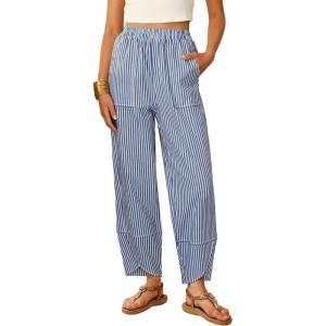 ANRABESS Womens Gingham Striped Palazzo Pants Wide Leg Pajama Lounge Crop Pants Plaid PJ Bottoms Cute Trousers with Pockets(Blue White Stripe)