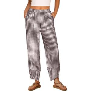 ANRABESS Womens Gingham Striped Palazzo Pants Wide Leg Pajama Lounge Crop Pants Plaid PJ Bottoms Cute Trousers with Pockets(Brown White Plaid)