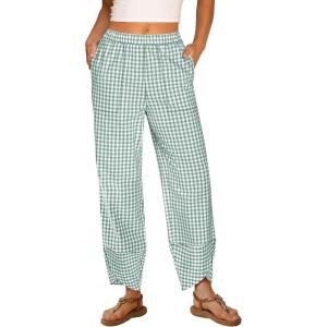 ANRABESS Womens Gingham Striped Palazzo Pants Wide Leg Pajama Lounge Crop Pants Plaid PJ Bottoms Cute Trousers with Pockets(Green White Plaid)