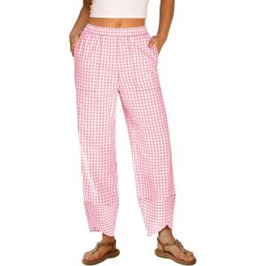 ANRABESS Womens Gingham Striped Palazzo Pants Wide Leg Pajama Lounge Crop Pants Plaid PJ Bottoms Cute Trousers with Pockets(Pink White Plaid)