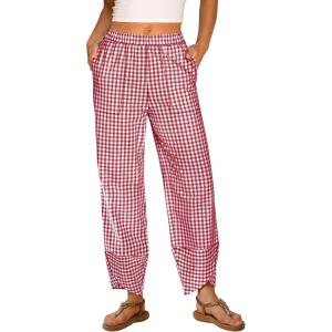 ANRABESS Womens Gingham Striped Palazzo Pants Wide Leg Pajama Lounge Crop Pants Plaid PJ Bottoms Cute Trousers with Pockets(Red White Plaid)