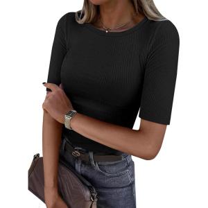 ANRABESS Womens Half Sleeve Crewneck Tops Ribbed Knit Slim Fit Shirts Basic Tee 2025 Spring Summer Dressy Casual T-Shirts(Black)