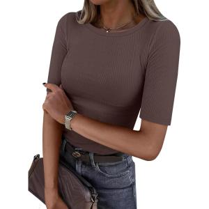 ANRABESS Womens Half Sleeve Crewneck Tops Ribbed Knit Slim Fit Shirts Basic Tee 2025 Spring Summer Dressy Casual T-Shirts(Coffee)