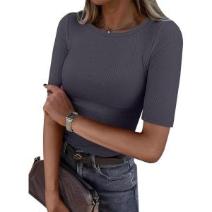 ANRABESS Womens Half Sleeve Crewneck Tops Ribbed Knit Slim Fit Shirts Basic Tee 2025 Spring Summer Dressy Casual T-Shirts(Deep Grey)