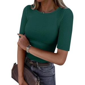 ANRABESS Womens Half Sleeve Crewneck Tops Ribbed Knit Slim Fit Shirts Basic Tee 2025 Spring Summer Dressy Casual T-Shirts(Forest Green)