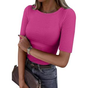 ANRABESS Womens Half Sleeve Crewneck Tops Ribbed Knit Slim Fit Shirts Basic Tee 2025 Spring Summer Dressy Casual T-Shirts(Hot Pink)