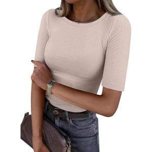 ANRABESS Womens Half Sleeve Crewneck Tops Ribbed Knit Slim Fit Shirts Basic Tee 2025 Spring Summer Dressy Casual T-Shirts(Light Apricot)