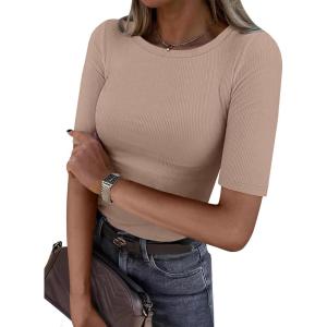 ANRABESS Womens Half Sleeve Crewneck Tops Ribbed Knit Slim Fit Shirts Basic Tee 2025 Spring Summer Dressy Casual T-Shirts(Light Khaki)