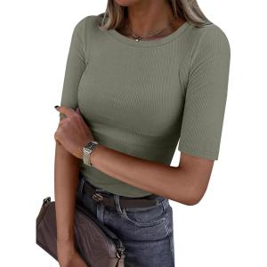 ANRABESS Womens Half Sleeve Crewneck Tops Ribbed Knit Slim Fit Shirts Basic Tee 2025 Spring Summer Dressy Casual T-Shirts(Sage Green)