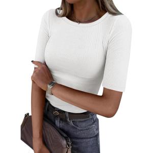 ANRABESS Womens Half Sleeve Crewneck Tops Ribbed Knit Slim Fit Shirts Basic Tee 2025 Spring Summer Dressy Casual T-Shirts(White)