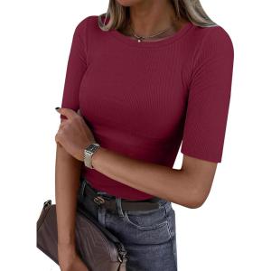 ANRABESS Womens Half Sleeve Crewneck Tops Ribbed Knit Slim Fit Shirts Basic Tee 2025 Spring Summer Dressy Casual T-Shirts(Wine Red)