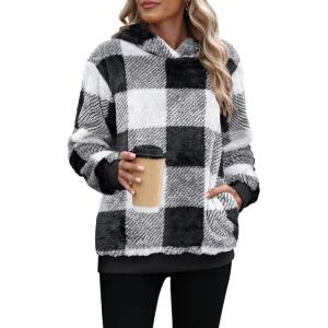 ANRABESS Womens Hoodies Fleece Sherpa Sweatshirt 2025 Fall Loose Double Fuzzy Cozy Fluffy Warm Winter Pullover with Pocket(Black White Plaid)