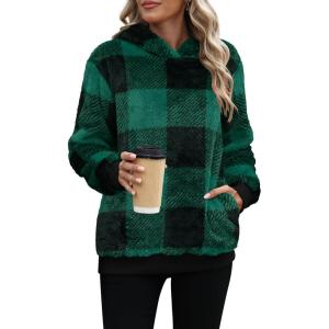 ANRABESS Womens Hoodies Fleece Sherpa Sweatshirt 2025 Fall Loose Double Fuzzy Cozy Fluffy Warm Winter Pullover with Pocket(Green Plaid)