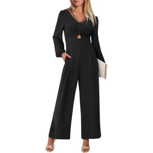 ANRABESS Womens Jumpsuits Dressy Long Sleeve Wide Leg V Neck Pants Rompers 2025 Fall Formal One Piece Wedding Guest Outfits(Black)