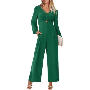 ANRABESS Womens Jumpsuits Dressy Long Sleeve Wide Leg V Neck Pants Rompers 2025 Fall Formal One Piece Wedding Guest Outfits(Forest Green)