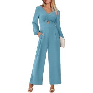 ANRABESS Womens Jumpsuits Dressy Long Sleeve Wide Leg V Neck Pants Rompers 2025 Fall Formal One Piece Wedding Guest Outfits(Lake)