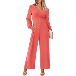 ANRABESS Womens Jumpsuits Dressy Long Sleeve Wide Leg V Neck Pants Rompers 2025 Fall Formal One Piece Wedding Guest Outfits(Orange Red)