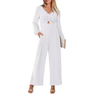 ANRABESS Womens Jumpsuits Dressy Long Sleeve Wide Leg V Neck Pants Rompers 2025 Fall Formal One Piece Wedding Guest Outfits(White)