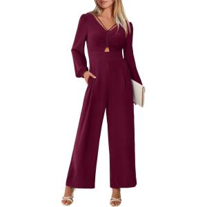 ANRABESS Womens Jumpsuits Dressy Long Sleeve Wide Leg V Neck Pants Rompers 2025 Fall Formal One Piece Wedding Guest Outfits(Wine Red)