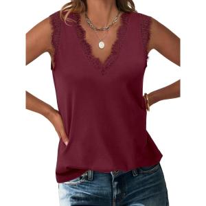 ANRABESS Womens Lace Trim Tank Tops V Neck Sleeveless Shirts 2025 Summer Casual Trendy Dressy Cami Top(Burgundy)