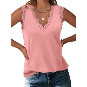 ANRABESS Womens Lace Trim Tank Tops V Neck Sleeveless Shirts 2025 Summer Casual Trendy Dressy Cami Top(Coral Pink)