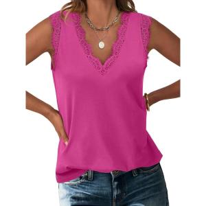 ANRABESS Womens Lace Trim Tank Tops V Neck Sleeveless Shirts 2025 Summer Casual Trendy Dressy Cami Top(Hot Pink)