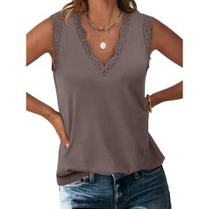 ANRABESS Womens Lace Trim Tank Tops V Neck Sleeveless Shirts 2025 Summer Casual Trendy Dressy Cami Top(Light Brown)
