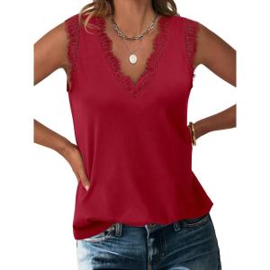 ANRABESS Womens Lace Trim Tank Tops V Neck Sleeveless Shirts 2025 Summer Casual Trendy Dressy Cami Top(Red)
