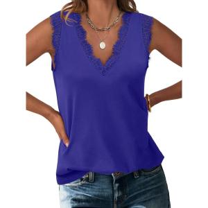 ANRABESS Womens Lace Trim Tank Tops V Neck Sleeveless Shirts 2025 Summer Casual Trendy Dressy Cami Top(Royal Blue)