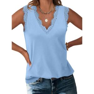 ANRABESS Womens Lace Trim Tank Tops V Neck Sleeveless Shirts 2025 Summer Casual Trendy Dressy Cami Top(Sky Blue)