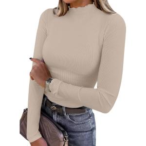 ANRABESS Women’s Lettuce Trim Mock Neck Long Sleeve Tops 2025 Casual Dressy Ribbed Knit Slim Fit Tee Shirt Fall Layer Outfits(Beige)