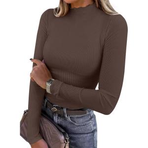 ANRABESS Women’s Lettuce Trim Mock Neck Long Sleeve Tops 2025 Casual Dressy Ribbed Knit Slim Fit Tee Shirt Fall Layer Outfits(Coffee)
