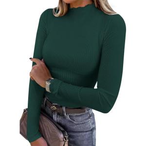 ANRABESS Women’s Lettuce Trim Mock Neck Long Sleeve Tops 2025 Casual Dressy Ribbed Knit Slim Fit Tee Shirt Fall Layer Outfits(Deep Green)