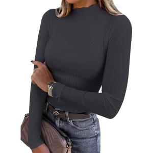 ANRABESS Women’s Lettuce Trim Mock Neck Long Sleeve Tops 2025 Casual Dressy Ribbed Knit Slim Fit Tee Shirt Fall Layer Outfits(Deep Grey)