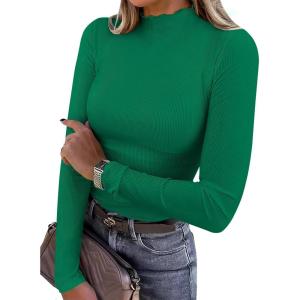 ANRABESS Women’s Lettuce Trim Mock Neck Long Sleeve Tops 2025 Casual Dressy Ribbed Knit Slim Fit Tee Shirt Fall Layer Outfits(Green)