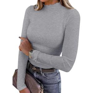 ANRABESS Women’s Lettuce Trim Mock Neck Long Sleeve Tops 2025 Casual Dressy Ribbed Knit Slim Fit Tee Shirt Fall Layer Outfits(Grey)