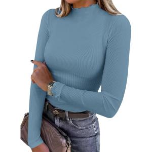 ANRABESS Women’s Lettuce Trim Mock Neck Long Sleeve Tops 2025 Casual Dressy Ribbed Knit Slim Fit Tee Shirt Fall Layer Outfits(Grey Blue)