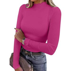 ANRABESS Women’s Lettuce Trim Mock Neck Long Sleeve Tops 2025 Casual Dressy Ribbed Knit Slim Fit Tee Shirt Fall Layer Outfits(Hot Pink)