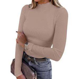 ANRABESS Women’s Lettuce Trim Mock Neck Long Sleeve Tops 2025 Casual Dressy Ribbed Knit Slim Fit Tee Shirt Fall Layer Outfits(Light Camel)