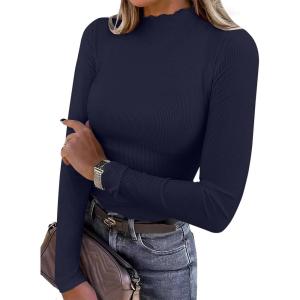 ANRABESS Women’s Lettuce Trim Mock Neck Long Sleeve Tops 2025 Casual Dressy Ribbed Knit Slim Fit Tee Shirt Fall Layer Outfits(Navy Blue)