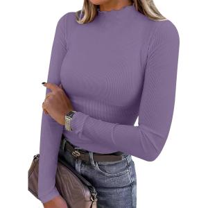 ANRABESS Women’s Lettuce Trim Mock Neck Long Sleeve Tops 2025 Casual Dressy Ribbed Knit Slim Fit Tee Shirt Fall Layer Outfits(Purple)